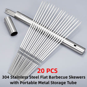 WILLBBQ kabob skewers with ergonomic handle and storage tube for portable grilling.