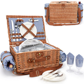Willow Weave picnic basket for 2 with durable blue/white lining, ideal for outdoor meals.