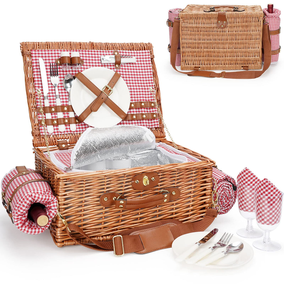 Willow Weave 2-person picnic basket with natural wicker and durable handle for outdoor meals.