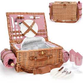Willow Weave 2-person picnic basket with natural wicker and durable handle for outdoor meals.