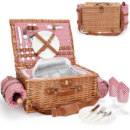 Willow Weave 2-person picnic basket with natural wicker and durable handle for outdoor meals.