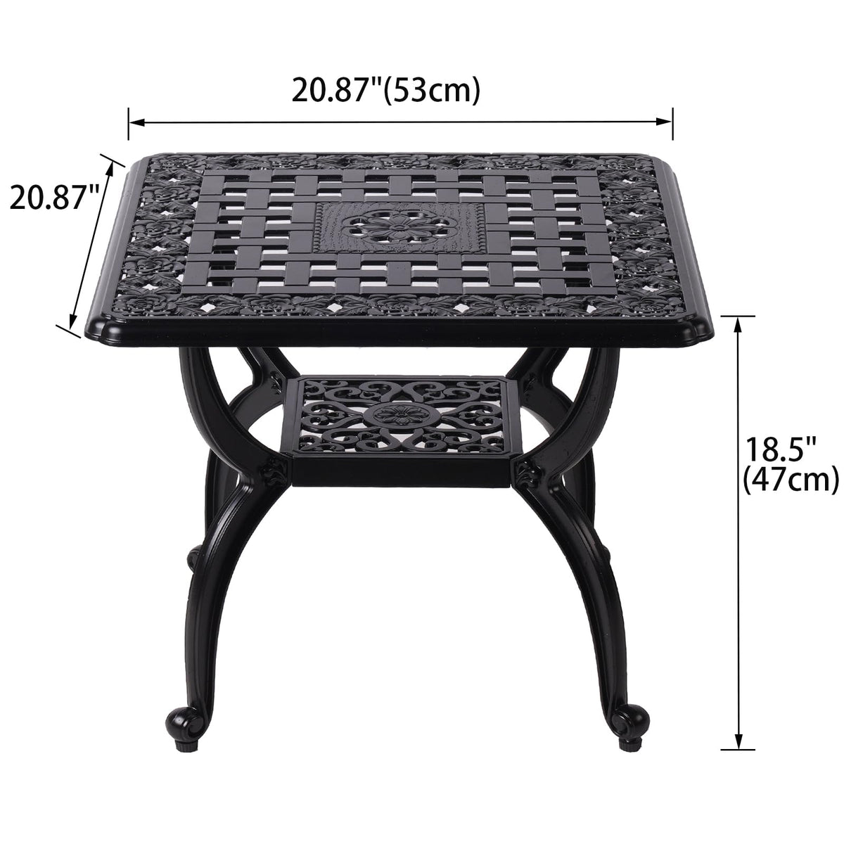 WILOUNGE 21-inch outdoor side table front view highlights stable legs and ample surface.
