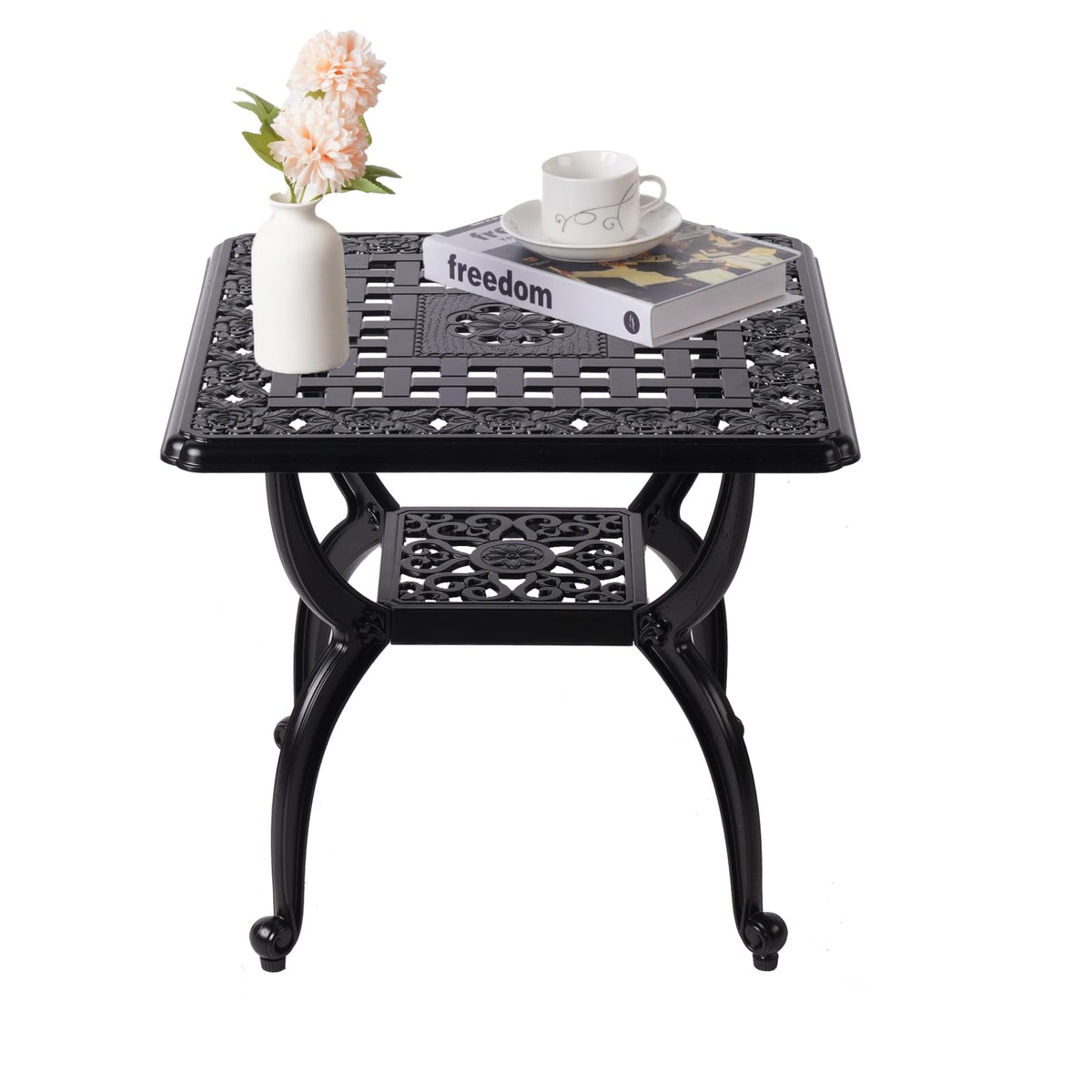 WILOUNGE 21-inch outdoor side table top view shows sturdy cast aluminum for all-weather use.
