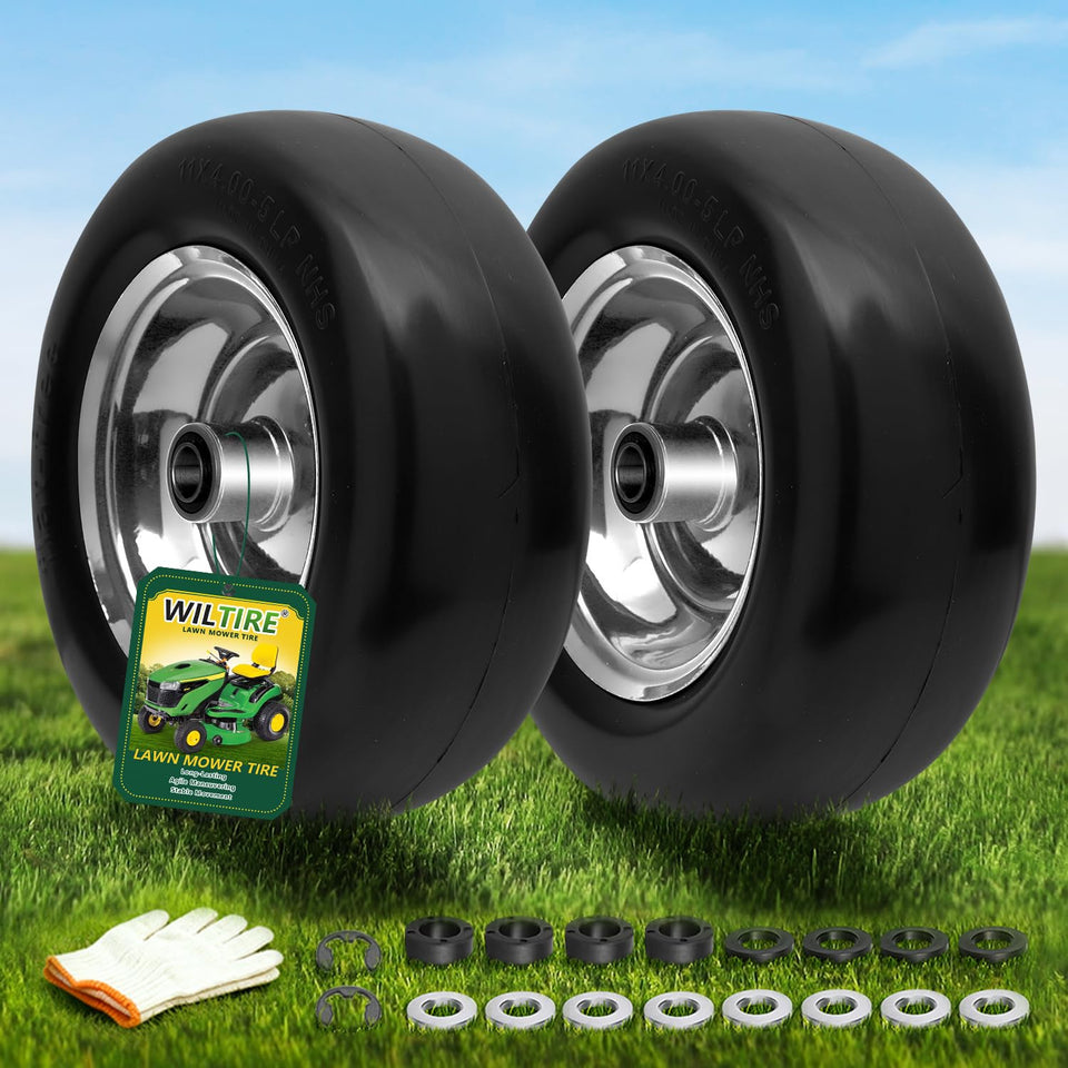  Wiltire 11x4-5 flat-free tire and wheel assembly ready for quick mower upgrades.