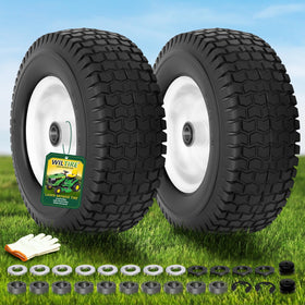 Wiltire tire and wheel assembly mounted on a riding mower, ready for use, solid and durable