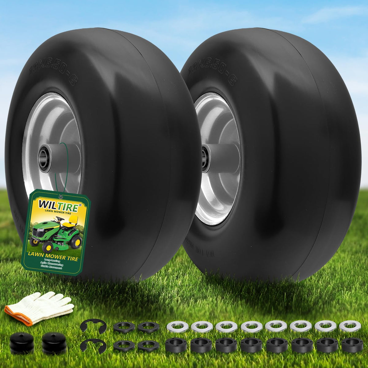 Wiltire 13x6.50-6 flat-free tire and wheel assembly for reliable front-mower performance.