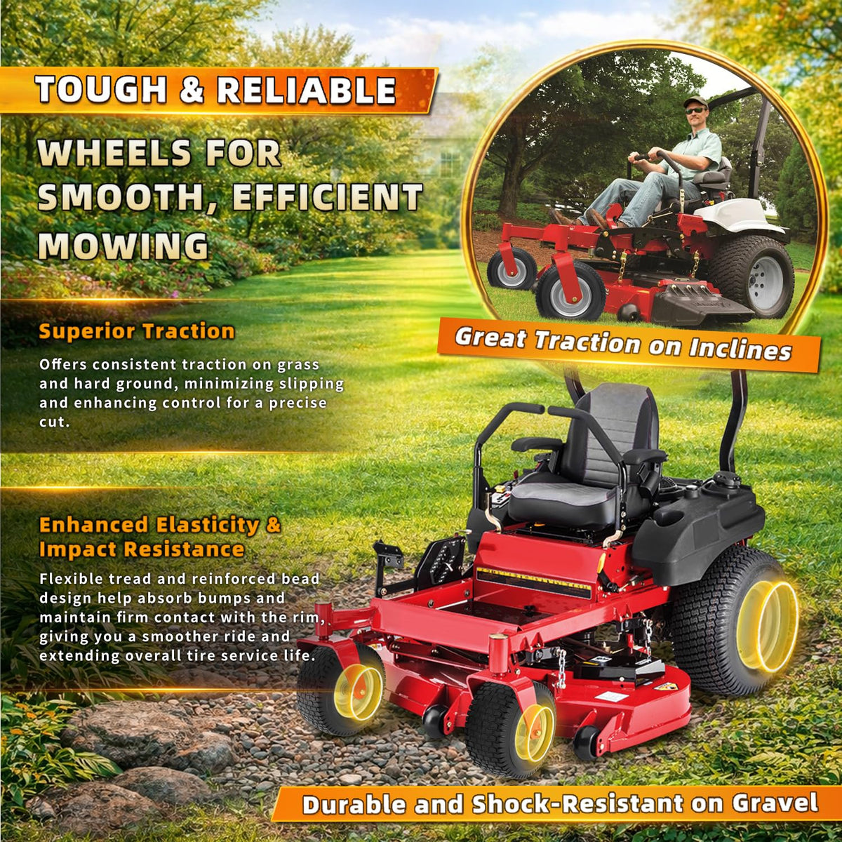 Wiltire one-piece welded rim offers added strength during mowing sessions