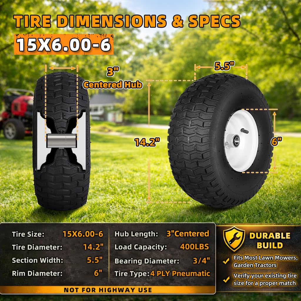 Wiltire four-ply pneumatic tire cushions bumps for smoother mowing.