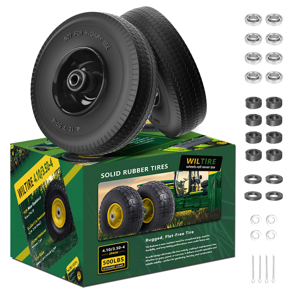Wiltire ten-inch solid run-flat tire on wheels for reliable mobility.