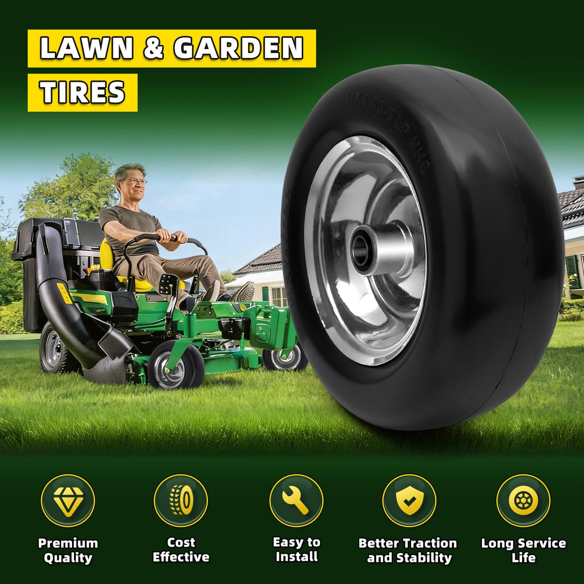  Wiltire tread pattern provides stable traction on grass and gravel.