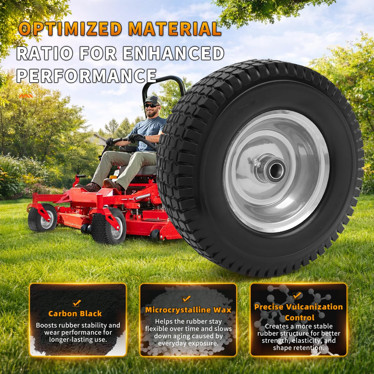 Wiltire turf-friendly tread design minimizes lawn damage and improves traction