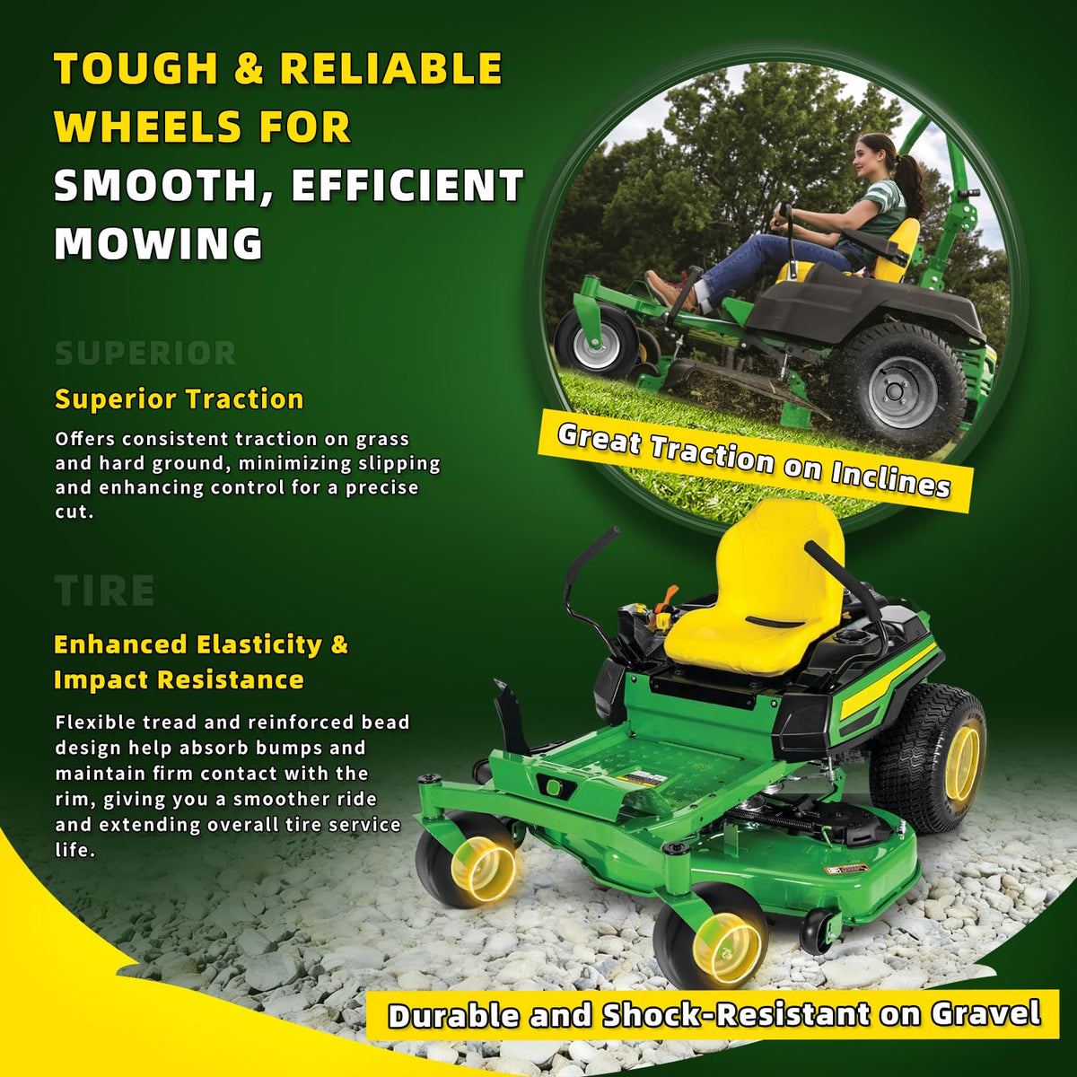 Wiltire turf-friendly tread minimizes lawn damage while delivering steady traction on grass.