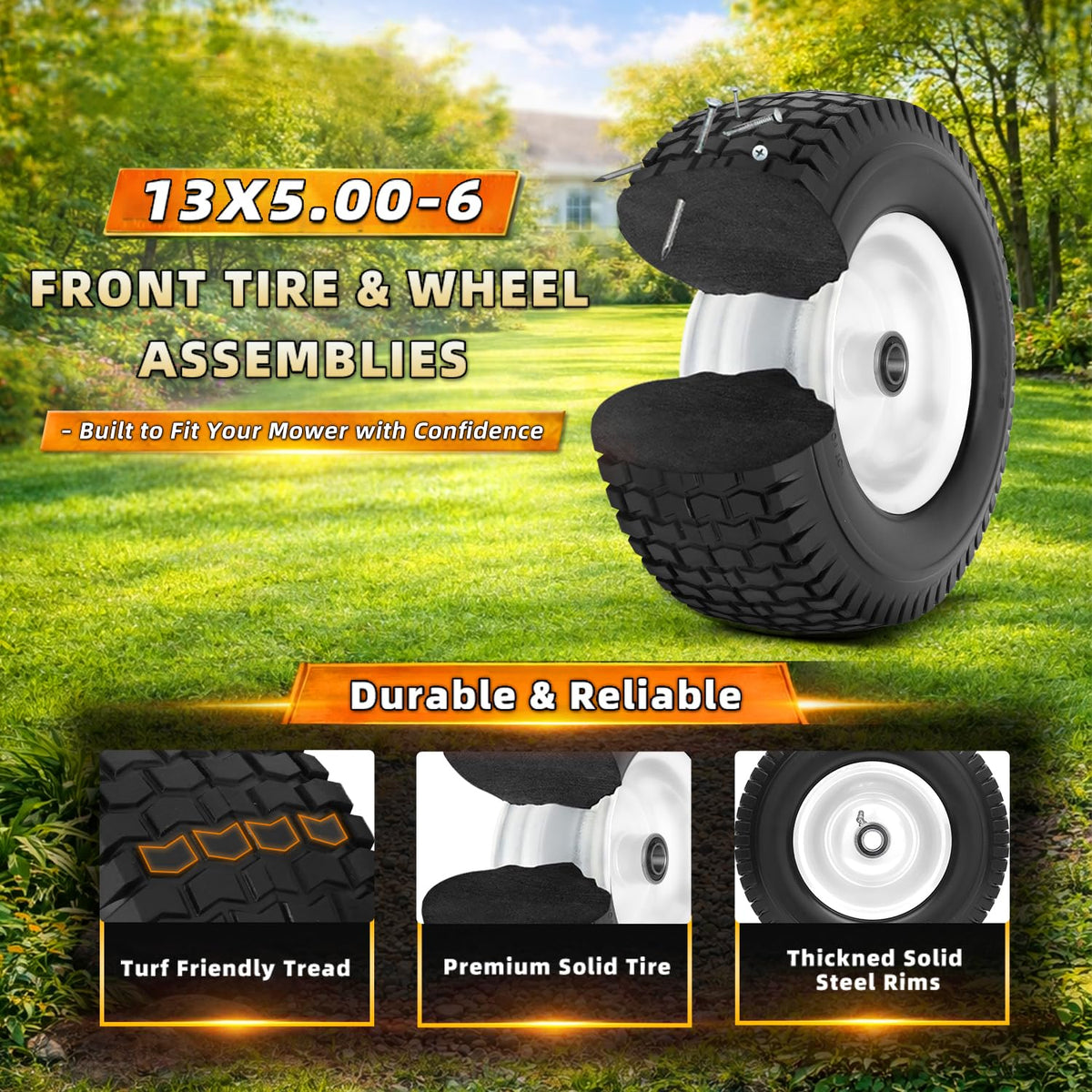 Turf-friendly tread protects grass while delivering solid traction on gravel