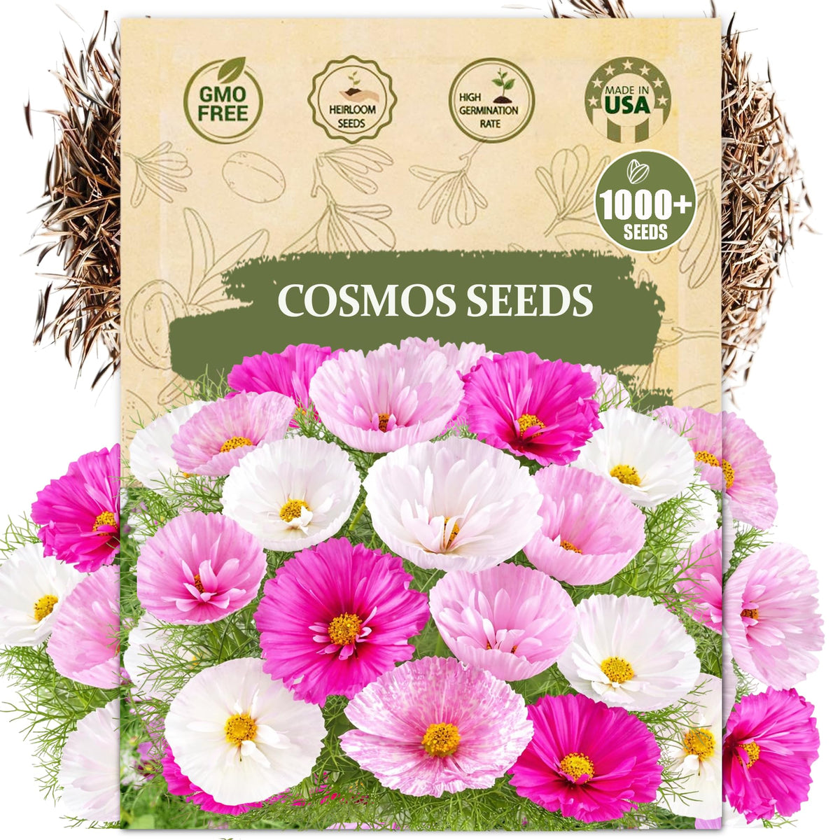 Wily Fox Cosmos seeds with giant double-petal blooms for bouquets and decor.