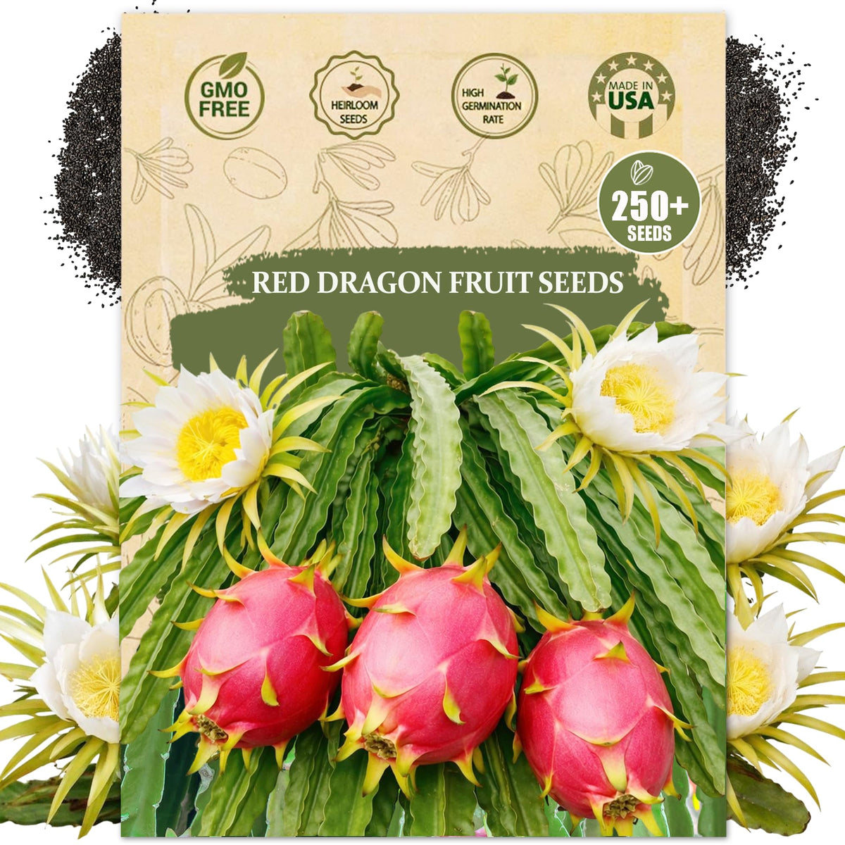 Wily Fox dragon fruit seeds packet front, ideal for home gardeners seeking heirloom tropical fruit projects.