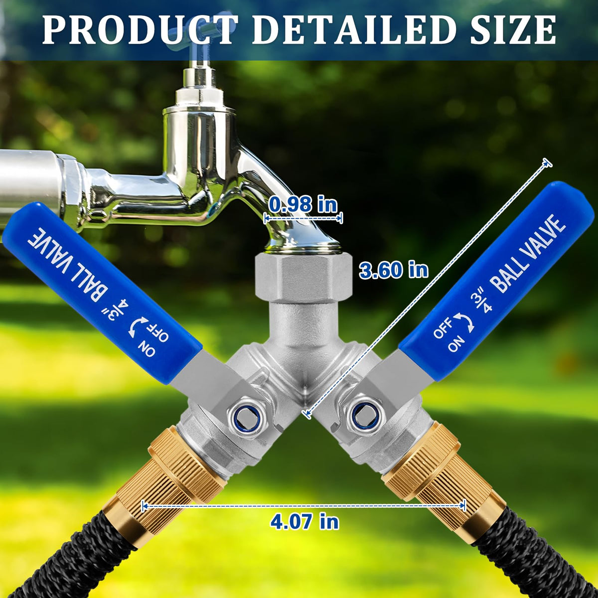 Windblowgrass two-way splitter ready for garden irrigation and RV use.