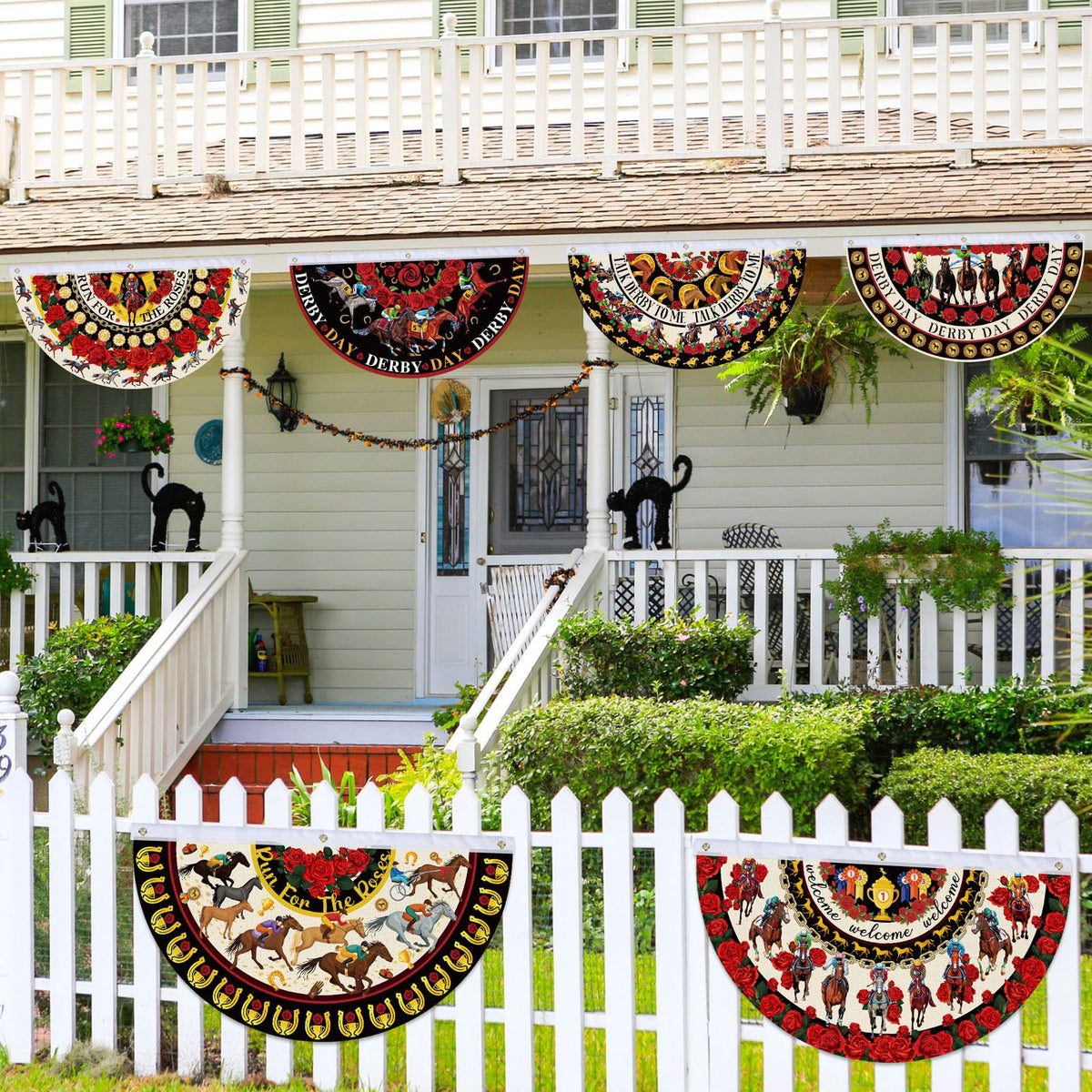Windkream Rose pattern banner adds elegant Derby decor for events.