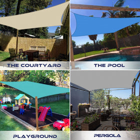 Windscreen4less shade sail over patio creates comfortable outdoor retreat.