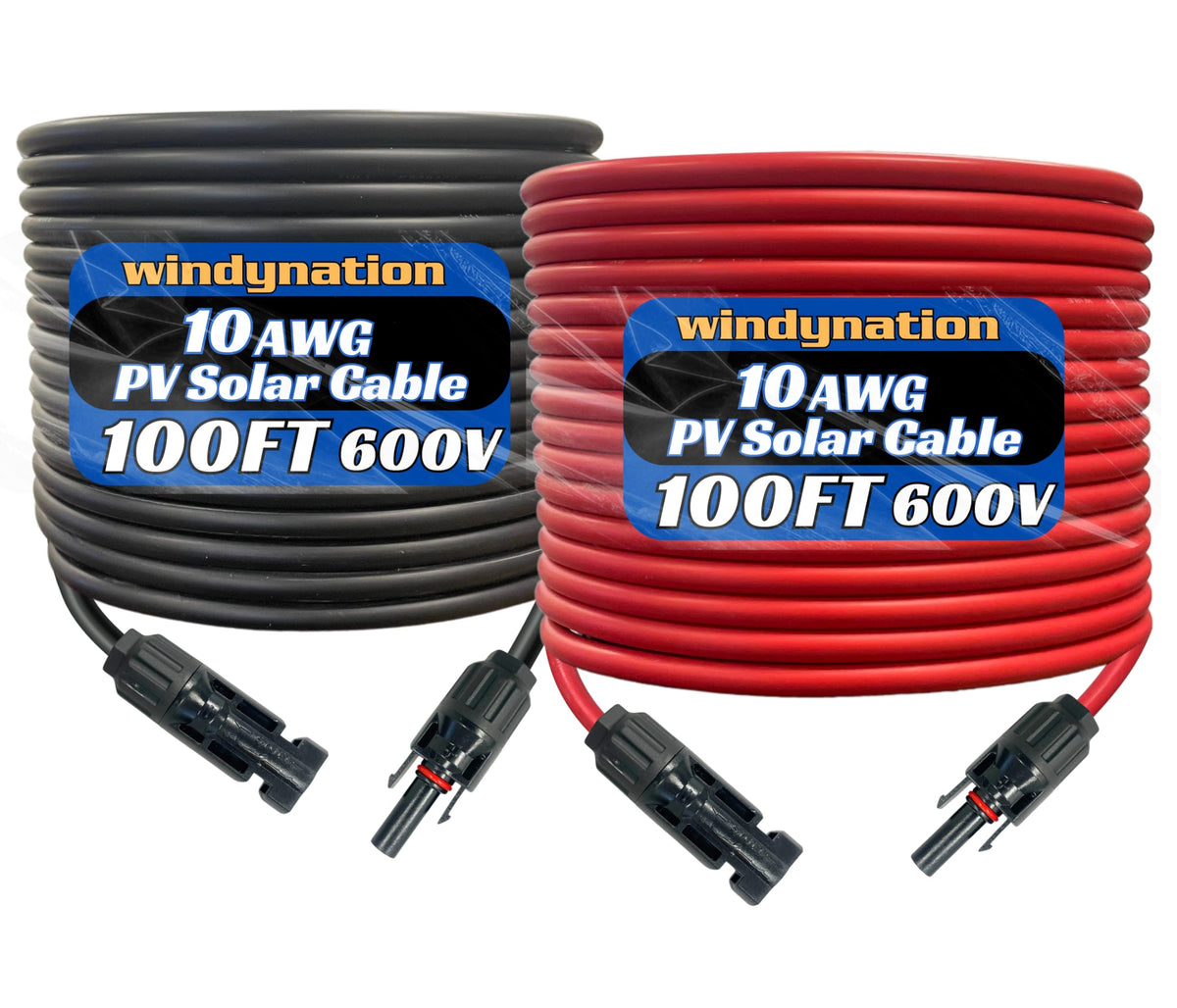 WindyNation 10 AWG PV extension black 100 ft, outdoor-ready for long solar runs.