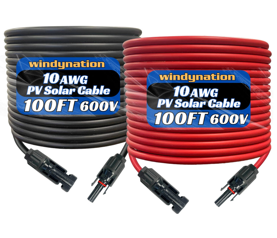 WindyNation 10 AWG PV extension black 100 ft, outdoor-ready for long solar runs.