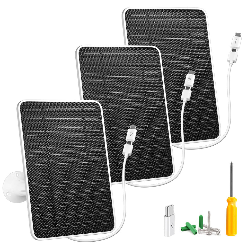 WININMETA solar panel micro USB port powering a security camera in bright sun.