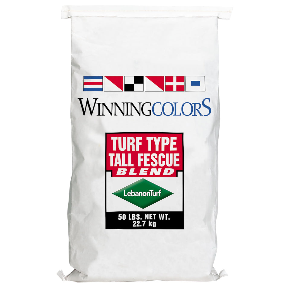 Winning Colors turf-type tall fescue seed blend bag showing adaptable turf for sun and shade.