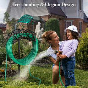 Winpull black finish garden hose holder complements outdoor decor.