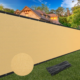 Winpull privacy screen showing 6ft x 50ft size across a fence for privacy