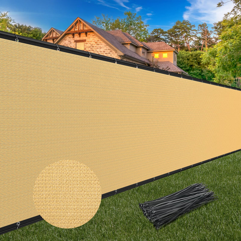 Winpull privacy screen showing 6ft x 50ft size across a fence for privacy