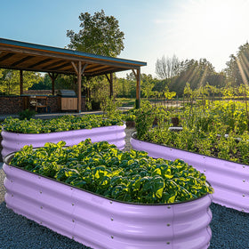 Outdoor setup of Winpull Provence Purple raised bed in a garden