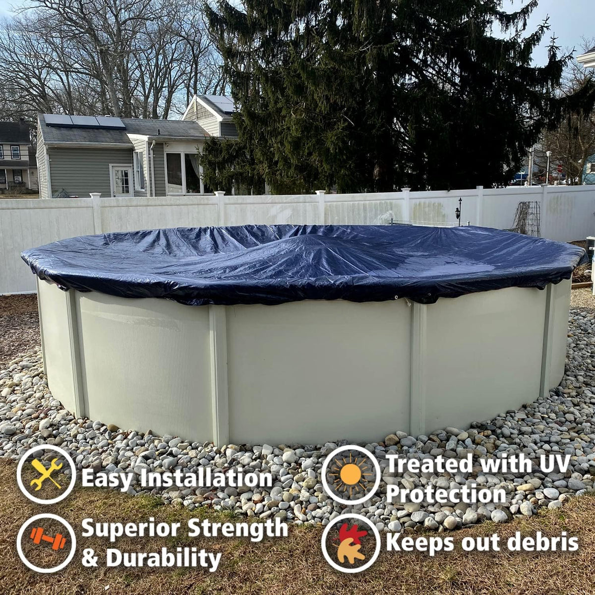 Easy-install pool cover by Winter Block with visible winch and cable