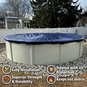Easy-install pool cover by Winter Block with visible winch and cable