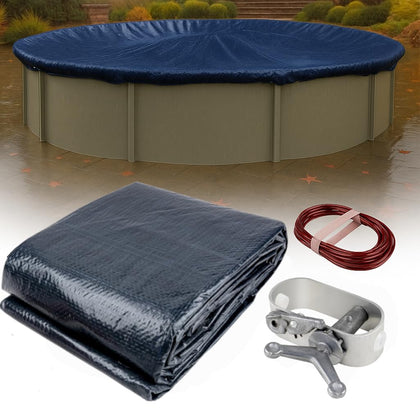 Winter Block 30-foot round pool cover protecting a pool from debris and winter elements