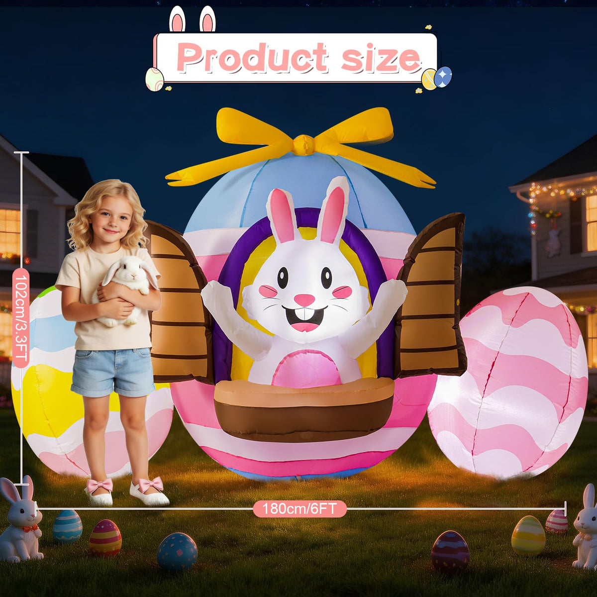 WINTS inflatable bunny peeking from a large Easter egg with LEDs