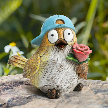 Wiresusan bird statue holding flowers brightens outdoor garden decor