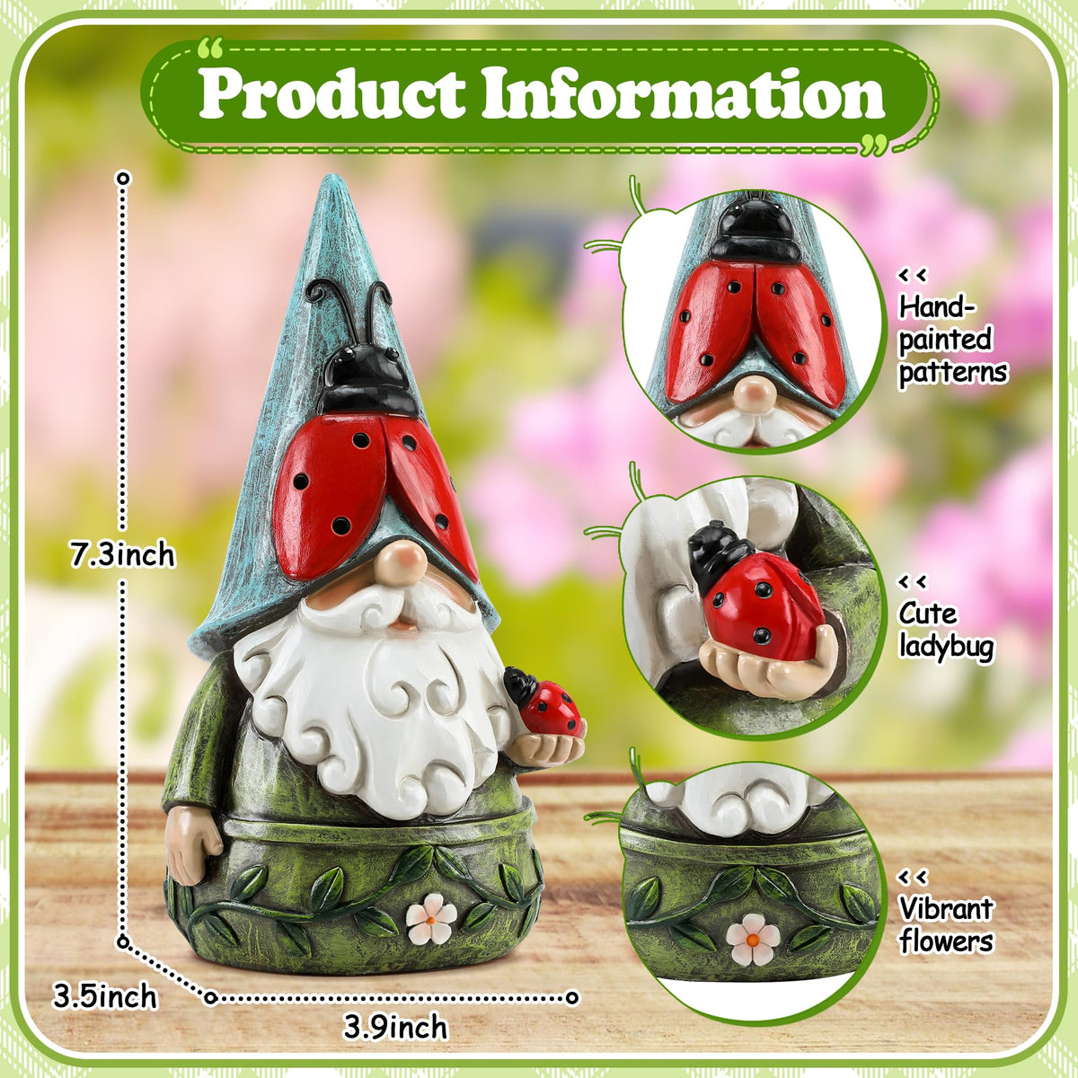 Wiresusan resin Ladybug Gnome decor withstands weather and retains color.