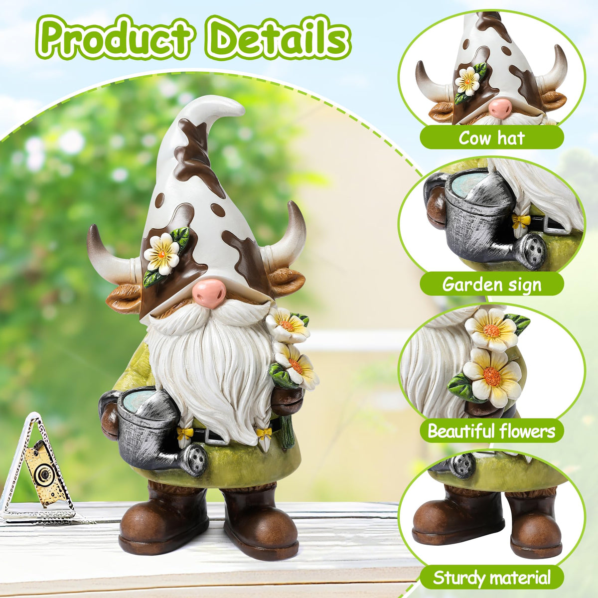 Wiresusan outdoor gnome made of resin resists weather and fading.