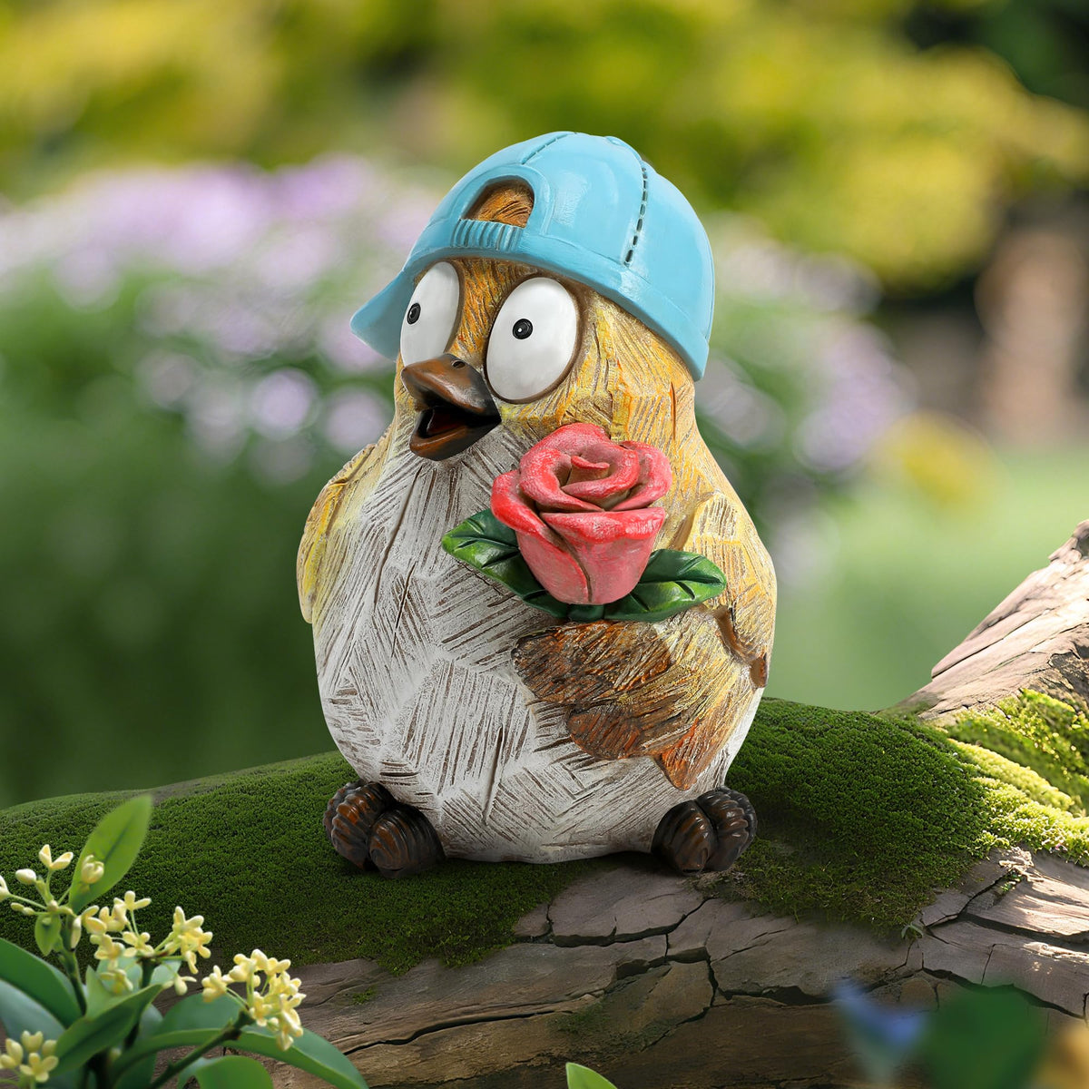 Wiresusan garden character holds flowers to welcome guests
