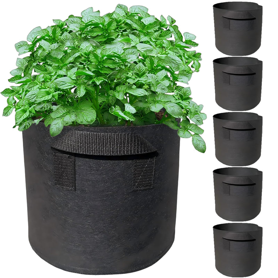 WIRETRAN 5-pack grow bags ready for versatile indoor and outdoor planting.