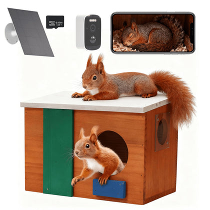 WisdomRainbow Squirrel House with camera, front view, for real-time nesting observation.