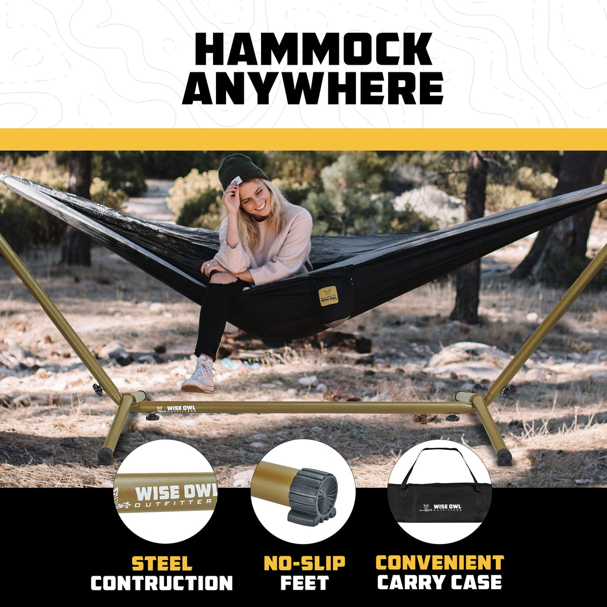 Wise Owl Outfitters hammock stand with carrying bag included for travel.