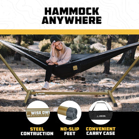 Wise Owl Outfitters hammock stand with carrying bag included for travel.