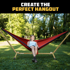 Wise Owl Outfitters hammock stand compatible with camping hammocks.