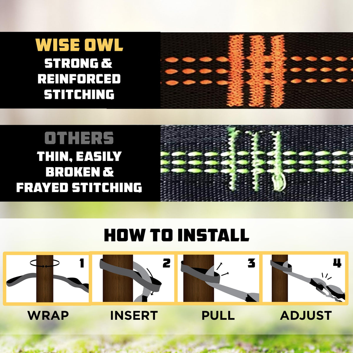 Wise Owl Outfitters no-stretch webbing adds reliability in damp conditions.
