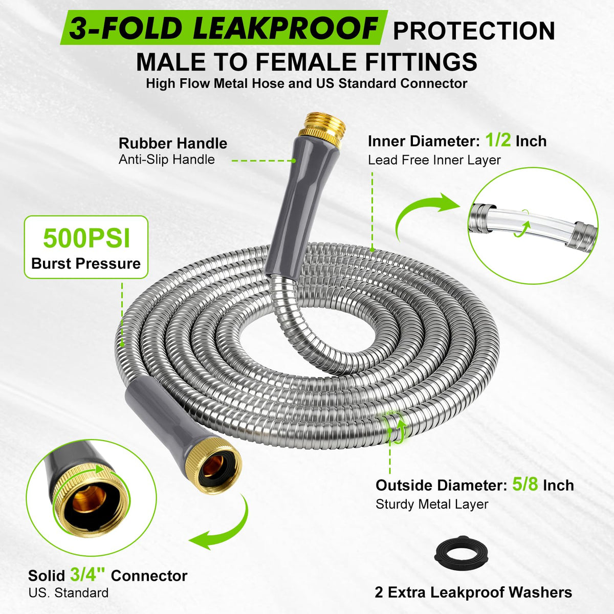 Wiselifetech metal garden hose 10 ft standard fittings and leak-proof setup