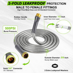 Wiselifetech metal garden hose 10 ft standard fittings and leak-proof setup