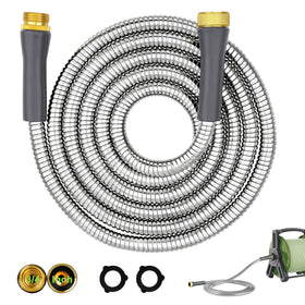 Wiselifetech metal garden hose 10 ft front view shows rust-proof, flexible design