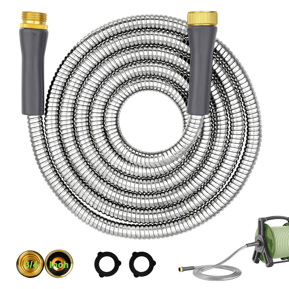 Wiselifetech metal garden hose 10 ft front view shows rust-proof, flexible design