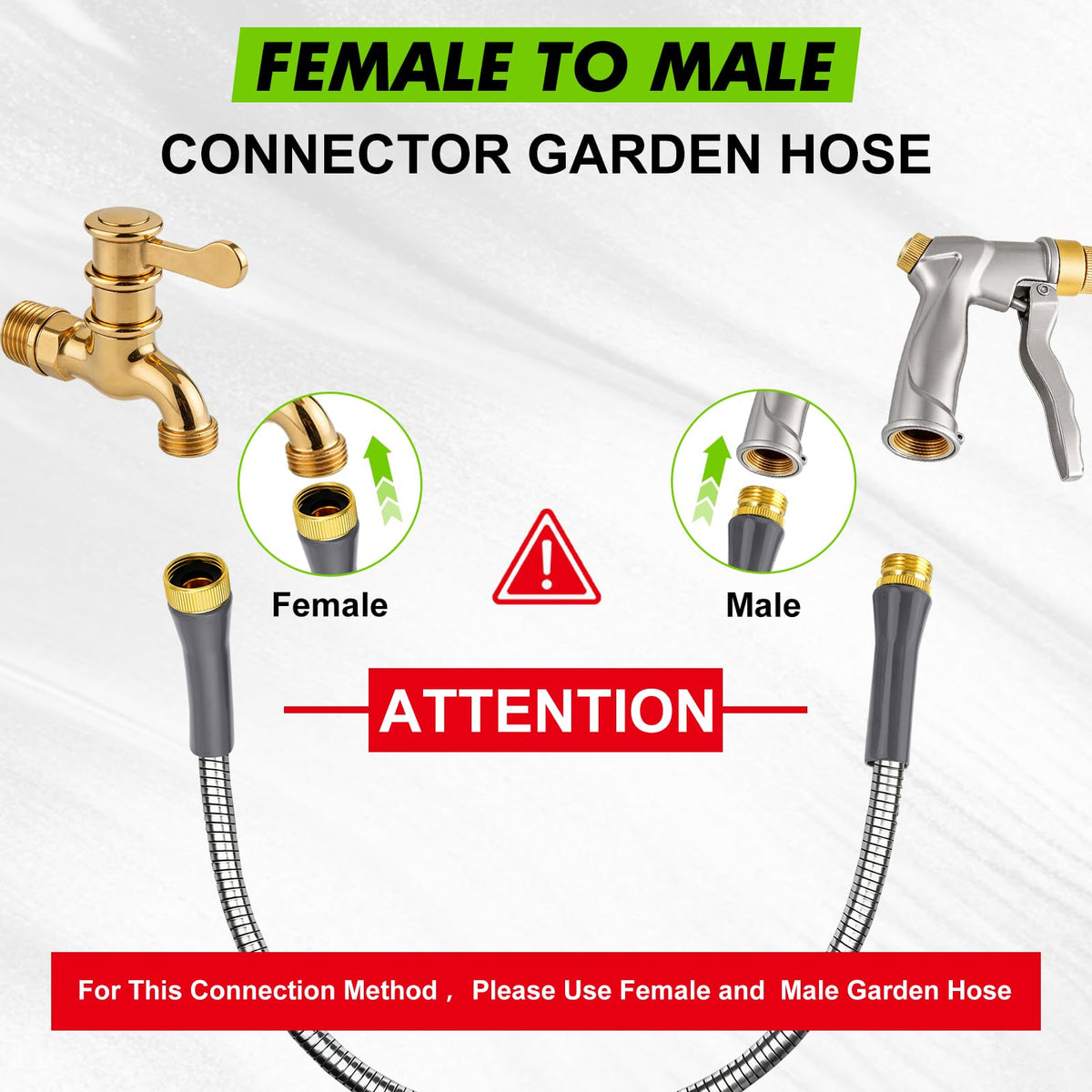 Wiselifetech metal garden hose 10 ft side view highlights kink-free flexibility