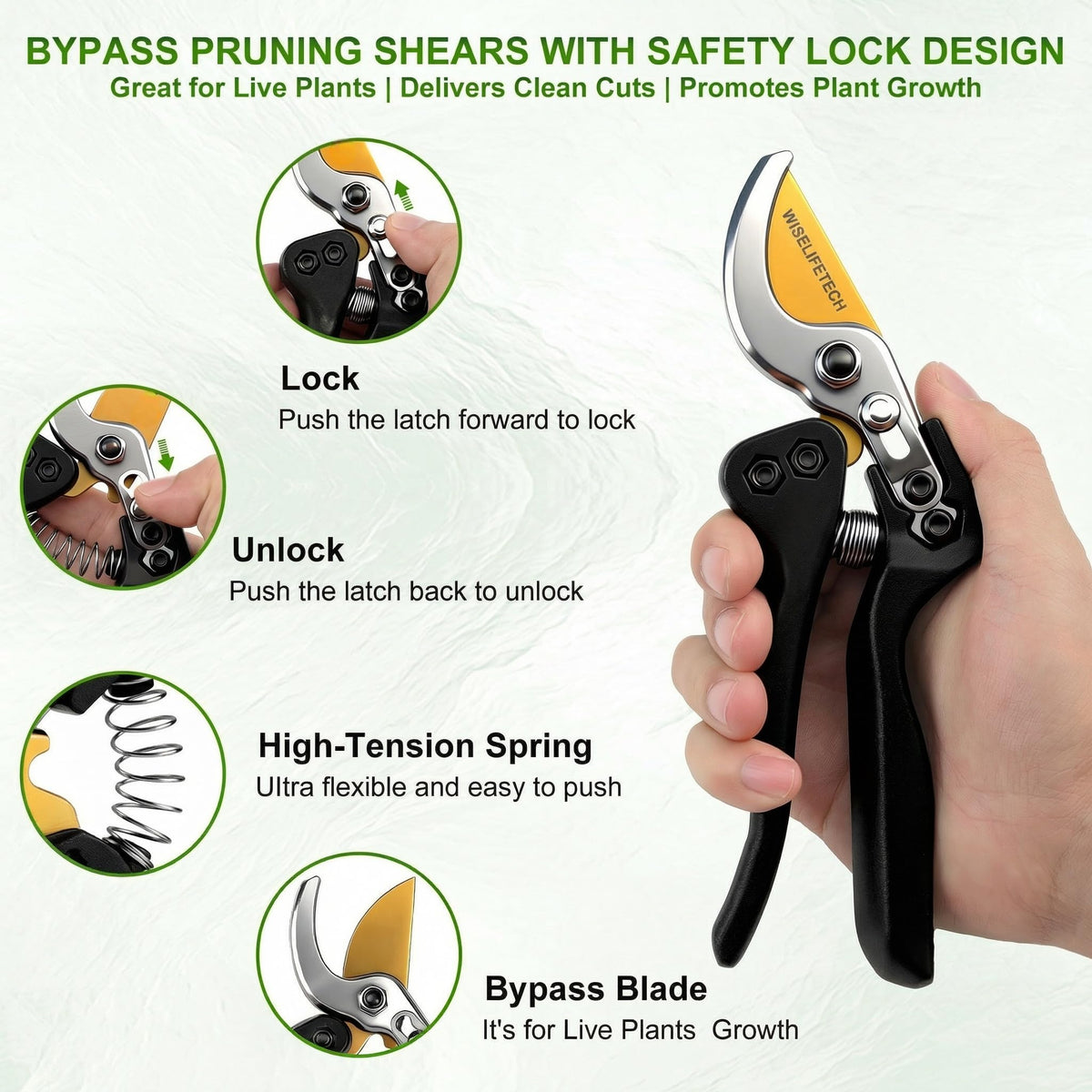 Wiselifetech pruning shears ergonomic non-slip grip in use